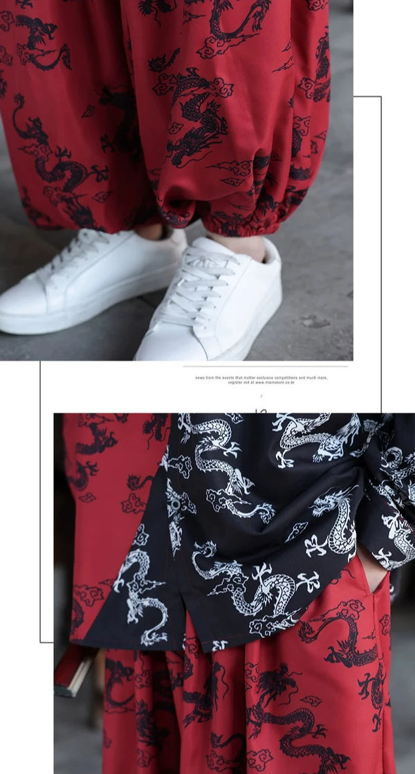 Unisex Street Dance/hip-hop Performance Attire, Loose Fit, Color-blocked Set with A Chinese Dragon Print. (Shirt and Pants)