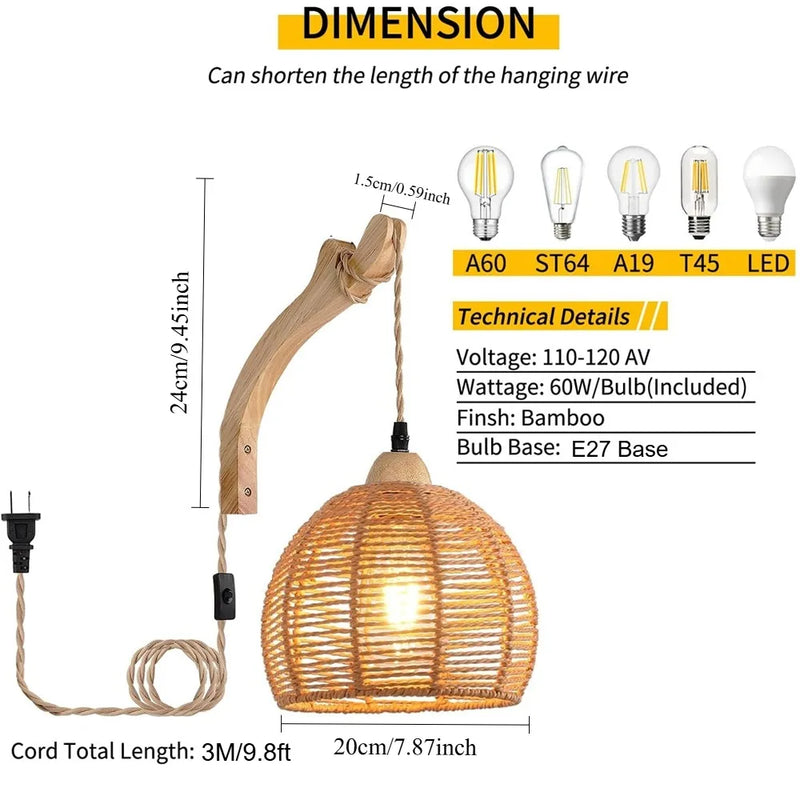 Plug in Wall Lamp Farmhouse Wicker Wall Light Plug in Hand Woven Rattan Sconce Rustic Wall Lighting for Living Room Bedroom