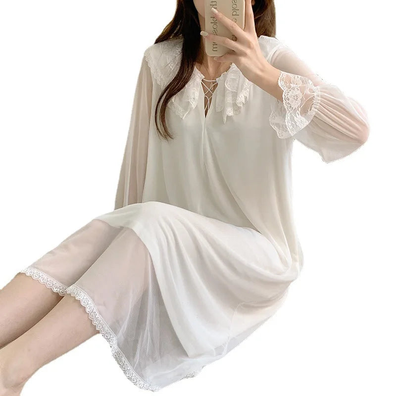 Court Princess Nightgowns Modal Spring Autumn Medium Long Pajamas Dress Lace Mesh Loungewear Nightdress Women Sleepwear