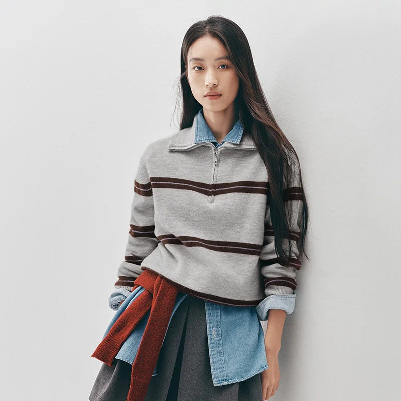 Semir Women Sweater Stripe Pattern Half Zip Loose Fit Retro Style Soft Touch 2026 Winter Layering Wear Warm Knit Everyday Style
