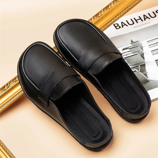 Men Wide Toe Pebble Grain Leather Backless Loafers Closed Toe Slip on Roomy Toe Box Mules Wide Fit Half Shoes Soft Comfort