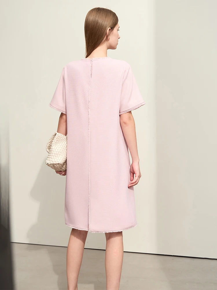 រ៉ូប Amii Minimalism សម្រាប់ស្ត្រីឆ្នាំ ២០២៤ រដូវស្លឹកឈើជ្រុះថ្មីស្រាលប្រណីតរចនាប័ទ្មរំយោលដេរភ្ជាប់ដៃអាវខ្លីត្រង់មីឌីអាវទ្រនាប់ ១២៤៤១១៩៧