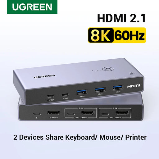 UGREEN 8K 60Hz HDMI KVM Switch USB C USB3.0 KVM Switcher 2 PCs Sharing 1 Monitor,Printer,Keyboard,Mouse Support 3D ,HDR Vision