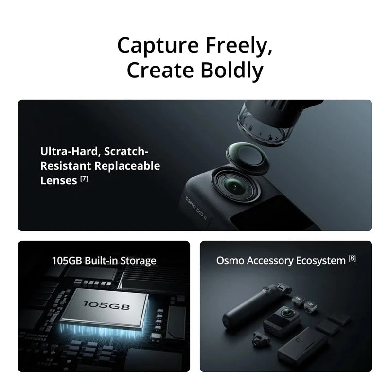 DJI Osmo 360 II New Arrivals 360° Camera 8K/60fps HDR 360° Video 105GB Built-in Storage Lenses With a Replaceable Design