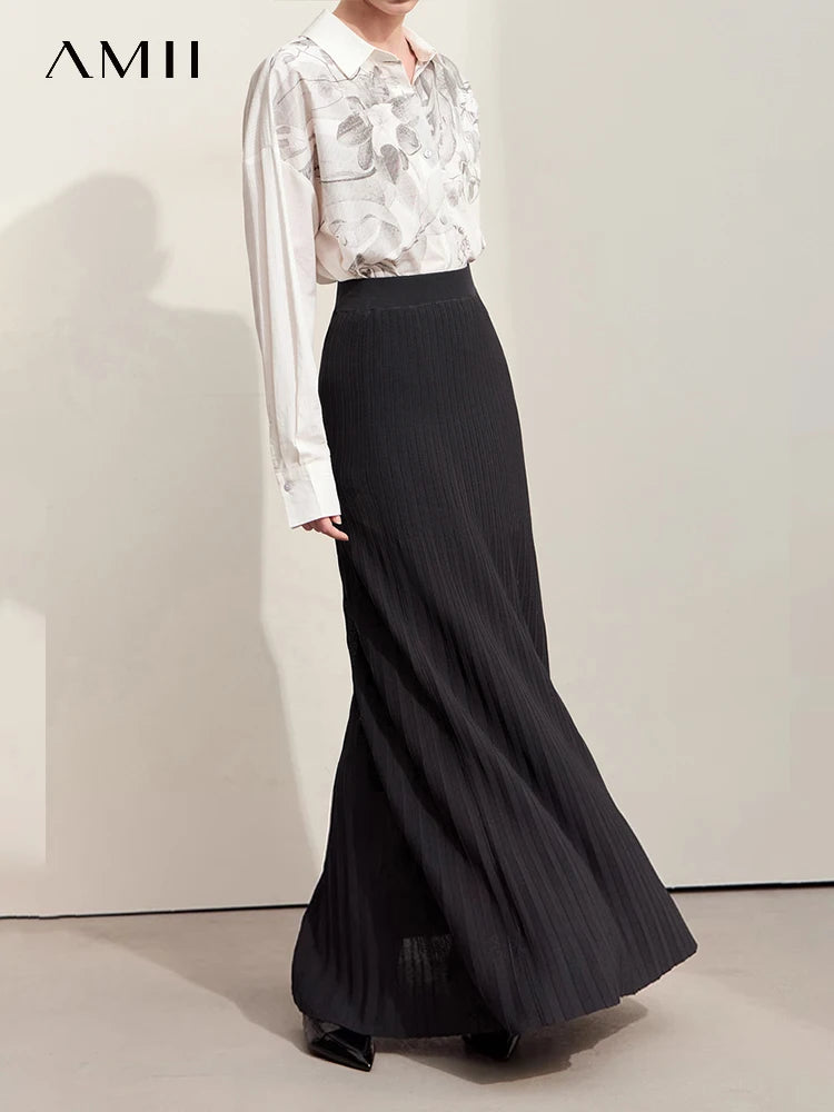Amii Minimalism 2026 Women Skirts Autumn New Organ Pleated Elastic Waist Knit Pleated Basics Skirt A Line Long Skirt 12423068
