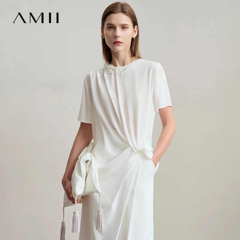 អាវ Amii Minimalist Premium Chiffon សម្រាប់នារី រដូវក្តៅ ឆ្នាំ២០២៥ កមូល អាវការិយាល័យ រចនាផ្កា ខ្សែសង្វាក់រំយោល ពណ៌តែមួយ 12542251