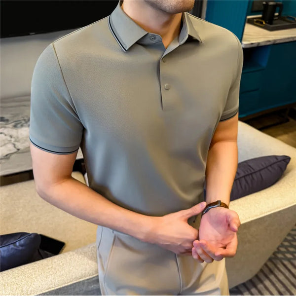 Men’s Slim Fit Polo Shirt with Contrast Collar Wrinkle-Free, Odor-Resistant Business Casual Top Sun-Friendly Fabric