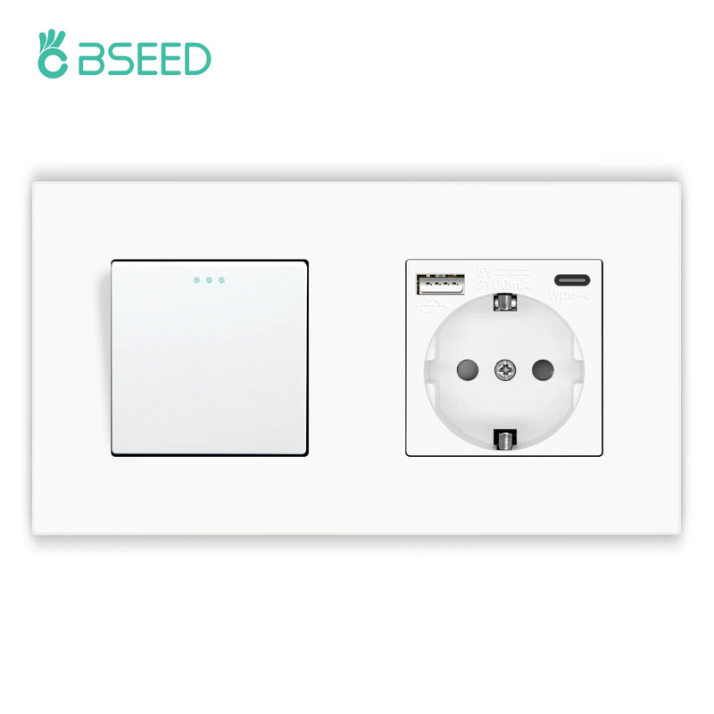 BSEED Mechanical Button Switches With Power Socket 1/2/3Gang 1Way Plastic Panel Electrical Outlets USB Type-C Wall Socket 16A