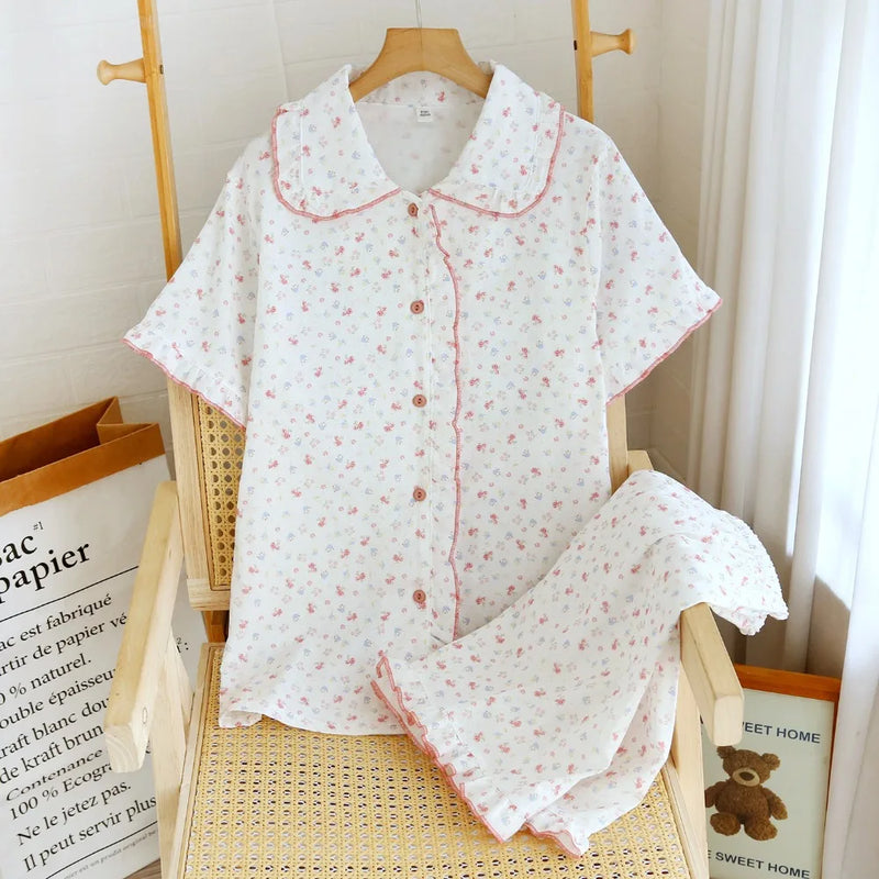 100% Cotton Pyjamas Woman Nightwear Summer Sets Floral Print Short Sleeve Pajamas Sleepwear Women's Loungewear Sleeping Wear
