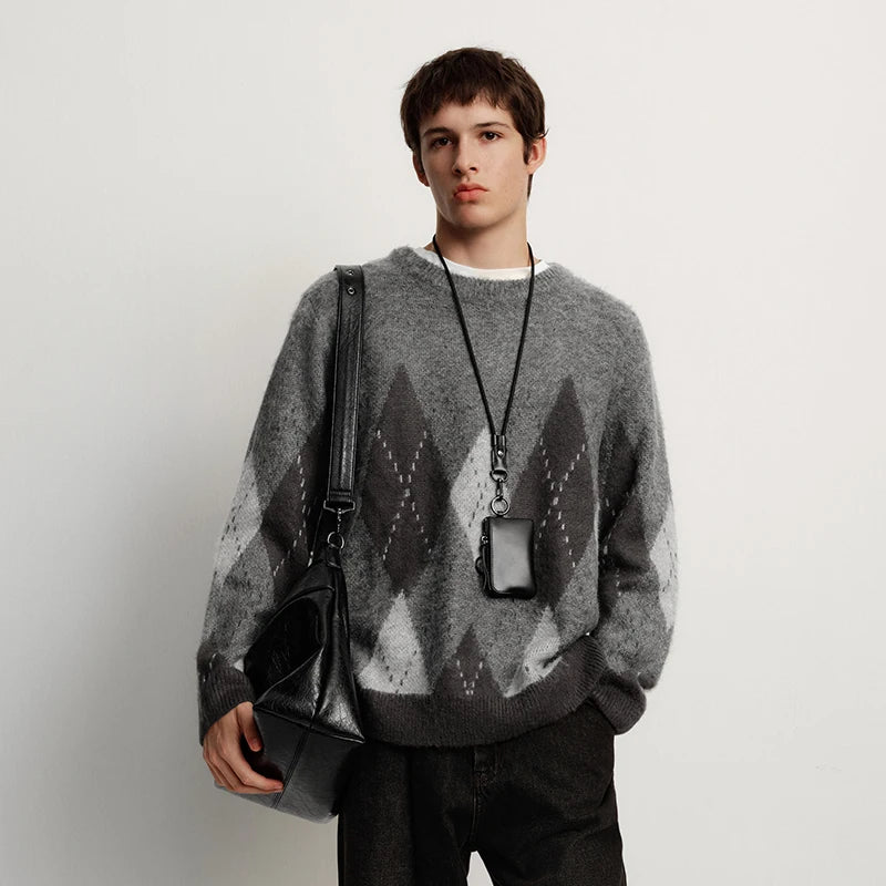 Semir Knitted Sweater Men Winter Faux Mohair Plaid Jacquard 2025 New Retro Preppy Style Couple Outfit Men'S Wear