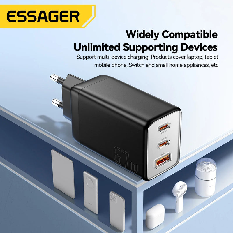 ឆ្នាំងសាក Essager GaN 67W USB C ឆ្នាំងសាកលឿន 4.0 3.0 PD 3.0 ប្រភេទ C PD ឆ្នាំងសាក USB សម្រាប់ iPhone 17 16 15 Pro MacBook Huawei កុំព្យូទ័រយួរដៃ