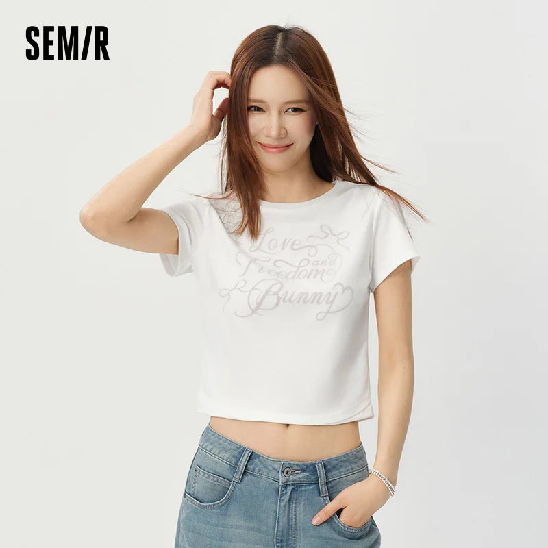 Semir Womens Tshirt 2026 Short Style Slim Printed Mesh Spliced Sweet Fashion Design Casual