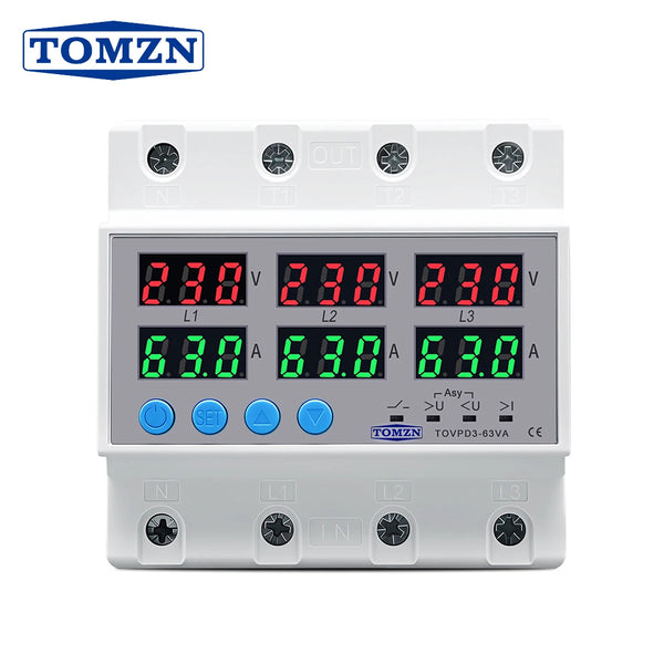 TOMZN 3Phase 3P+N Din Rail Voltmeter Ammeter Adjustable Over and Under Voltage Current Limit Protection Monitor Relays Protector