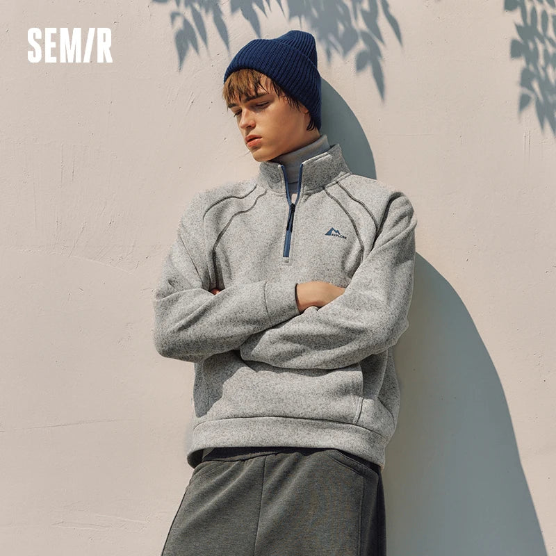 Semir Hoodie Men Winter Marled Yarn Half-Open Placket Stand Collar 2025 New Sporty Color Block Printed Pullover Men'S Wear