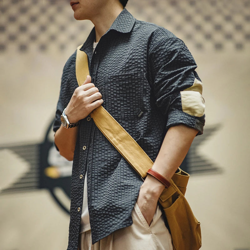 អាវយឺតដៃវែង Maden Retro Seersucker Plaid មានលំនាំ Lapel Splicing Single-Breasted Design សម្រាប់រដូវស្លឹកឈើជ្រុះរបស់បុរស