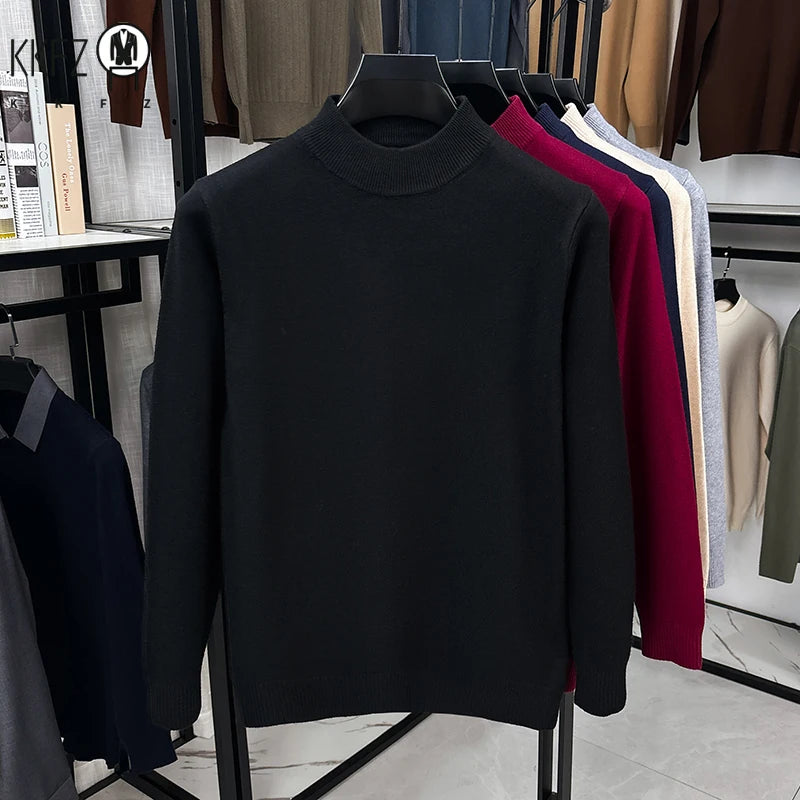 Male Classic Mid Neck Knit Jumper Long Sleeve Rib Trim Lightweight Fabric Travel Street Daily Outfit