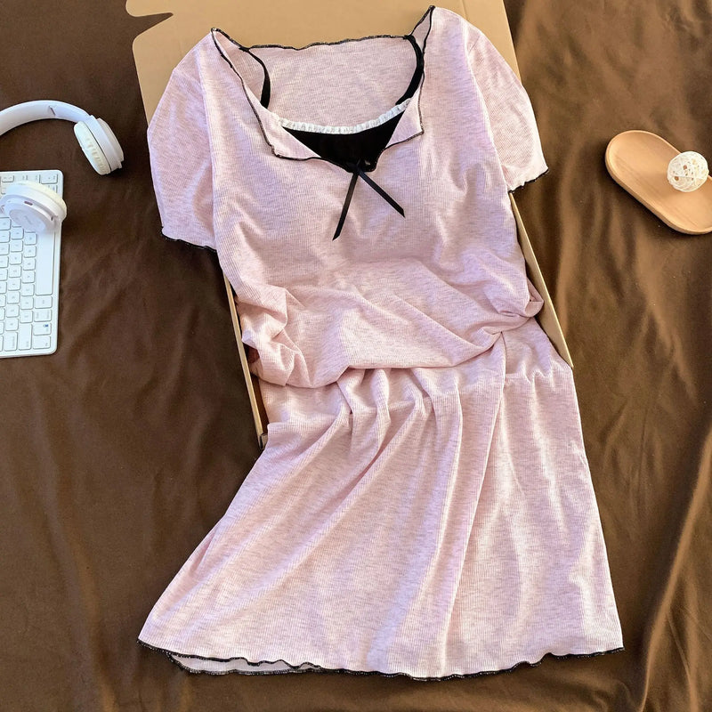 New Nightgown Women Chest Pad Homewear Summer Thin Nightdress Female Clothing Short Sleeve Sleepwear Nightie Home Wear Dress