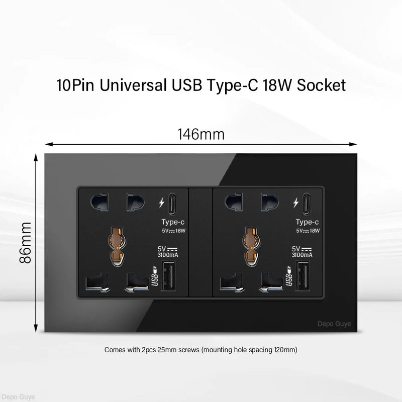 UK Black USB Type-C 18W Fast Charging Socket Universal Tempered Glass  Double 5-pin Power Plug,Home Electrical Wall Light Switch
