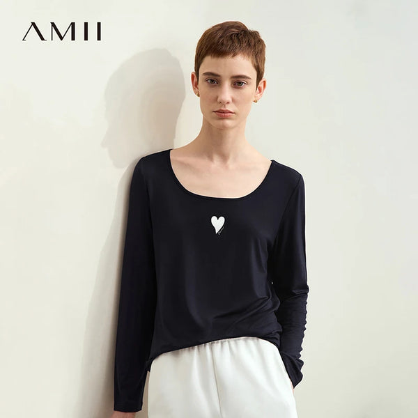 Amii Women's Casual T-shirt 2026 Autumn New Contrast Color Print U-neck T-shirt Female Cotton Basic Long Sleeve Top 12611034