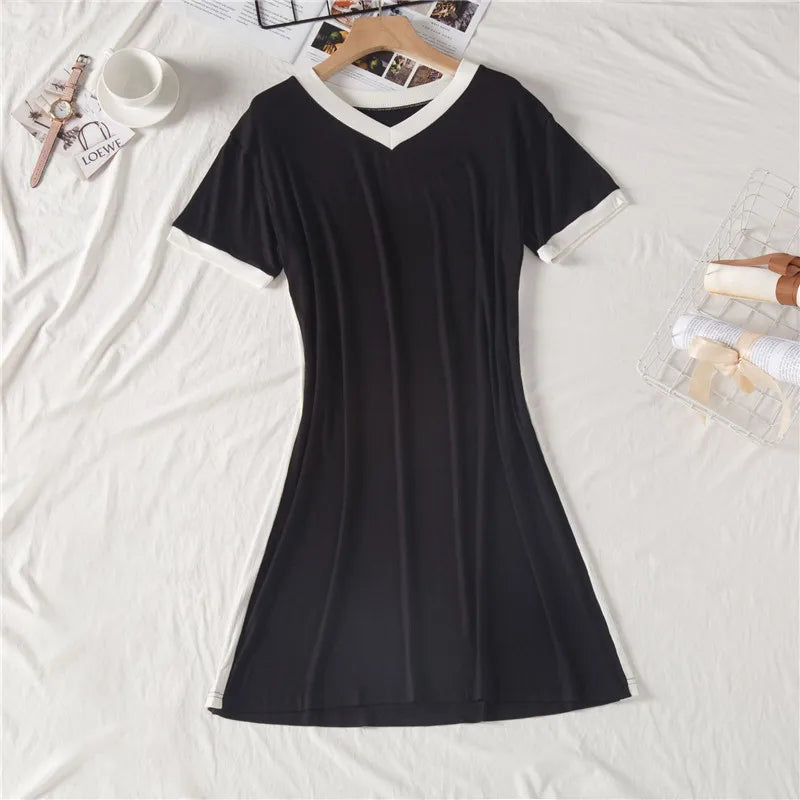 INS Short Sleeved Nightgowns For Women Summer Nightshirt Modal Knee Length Dress Loose V-Neck Casual Home Wear Nightdress