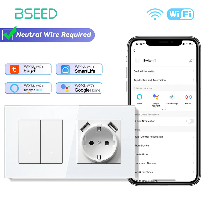 BSEED WIFI Light Switch 1/2/3Gang 2Way Smart Click Button Switch With EU Wall Socket Glass Panel Tuya Smart Life Alexa Control
