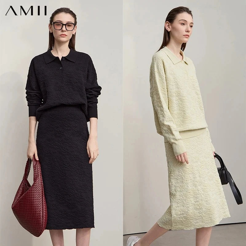AMII Women's Sweater 2026 Autumn New Knitted Top Long Sleeves Ladies Clothing Midi Skirt Solid Color Sweater Separately 12543068