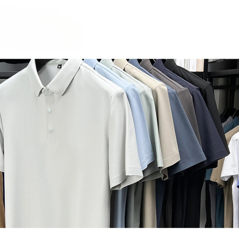 Summer Short Sleeve T-Shirt - Premium Jacquard Spandex, 7A Antibacterial, Seamless, Contrast Color, Split Hem, Wrinkle-Free Polo