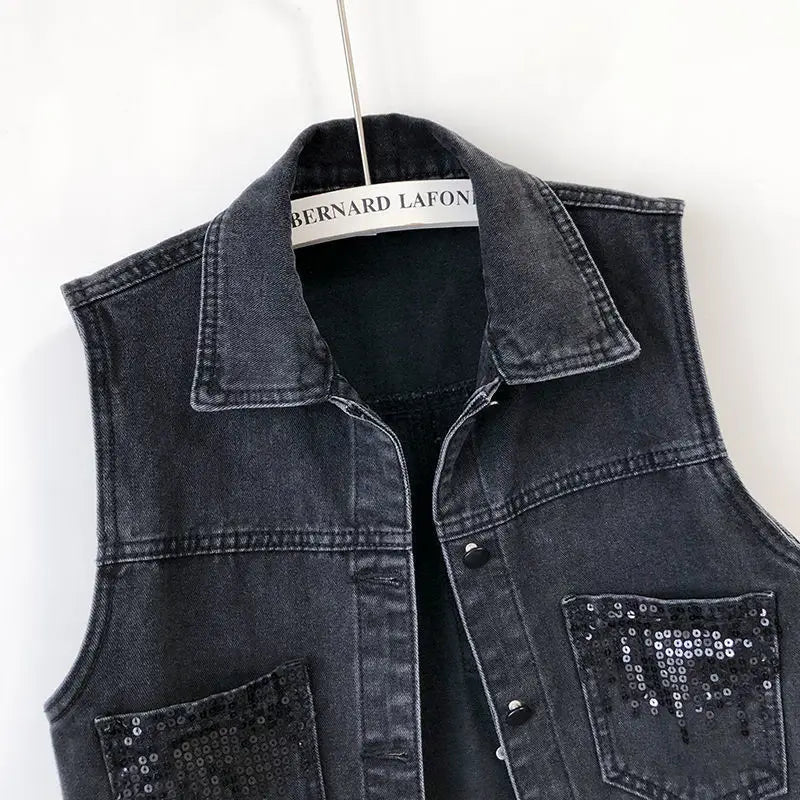 Fashion Sequined Large Size Denim Women's Vest Jacket Korean Version Sister Spring Autumn Short Waistcoat Buttons Pockets Top