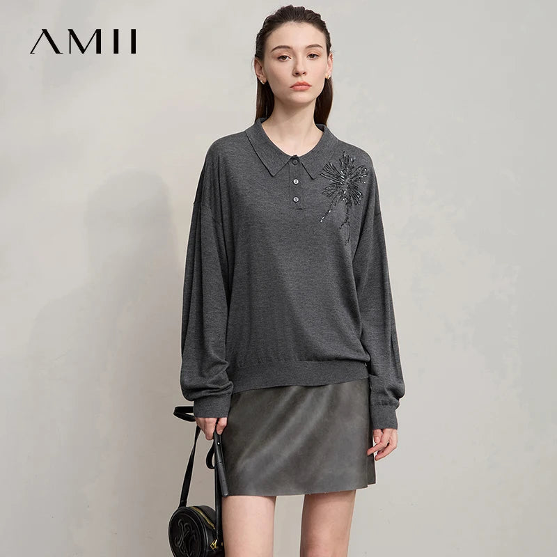 អាវយឺត AMII សម្រាប់នារី រដូវស្លឹកឈើជ្រុះ ឆ្នាំ២០២៥ អាវពណ៌សាមញ្ញថ្មីសម្រាប់នារី ដៃវែង រលុង ងាយស្រួលប្រើ 12553097