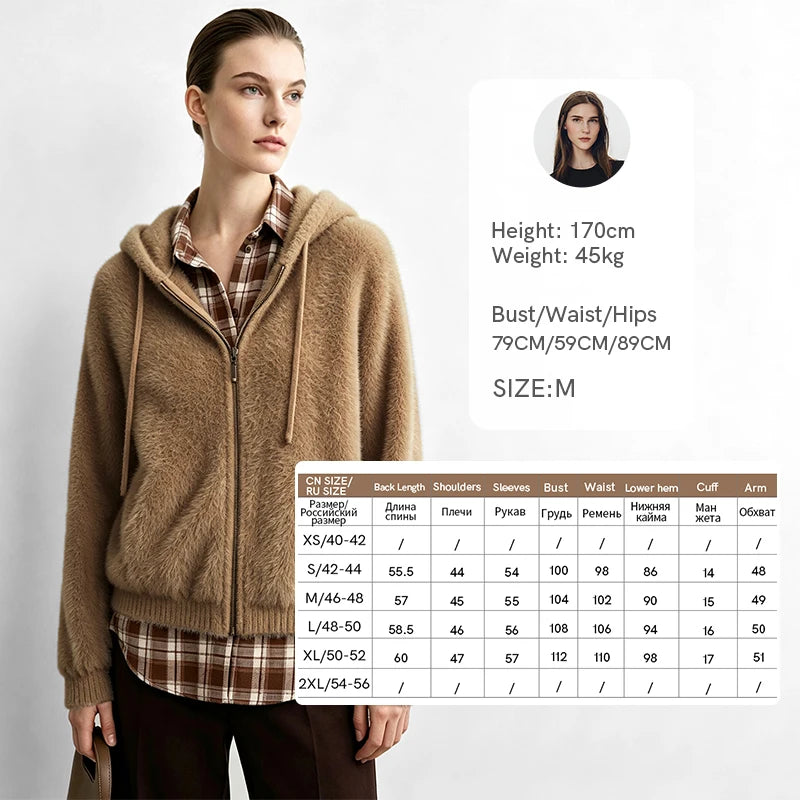 Amii Women's Hooded Zip Knit Cardigan Oversized Long Sleeve Mink Blend Casual Business Top for Women 2026 Autumn 12613025