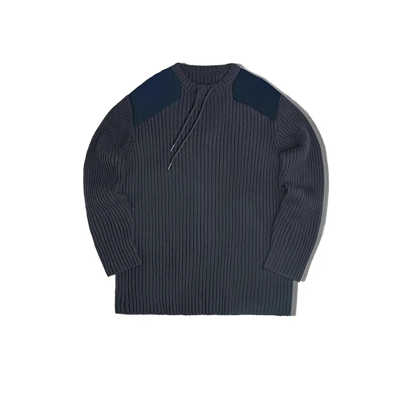 អាវយឺត Maden Vintage Vertical Stripes Splicing Jumper កមូល Slim Tactical Knit Sweater 2023 អាវប៉ាក់បុរស រដូវស្លឹកឈើជ្រុះ រដូវរងា ពណ៌ទឹកសមុទ្រ