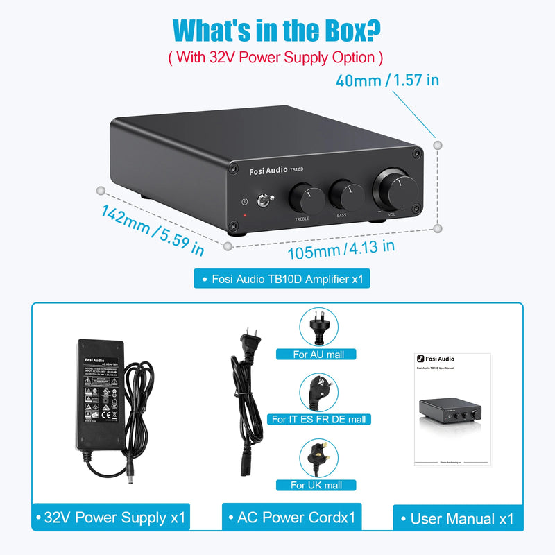 ឧបករណ៍ពង្រីកសំឡេង Fosi Audio TB10D HiFi Power Amplifier 300Wx2 TPA3255 Class D Stereo Amp ជាមួយនឹង Treble Bass សម្រាប់ឧបករណ៍បំពងសំឡេងនៅផ្ទះ