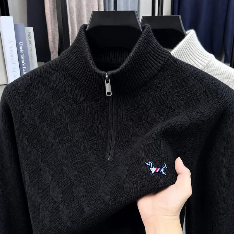 High End Luxury Man Long-Sleeved Knitwear Mock Neck Zipper Dog Embroidery Autumn Winter New Pullover Leisure Snug Men's Clothing