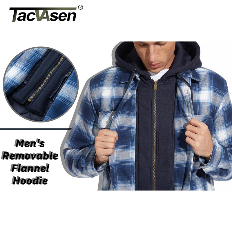 TACVASEN Men's Cotton Flannel Shirt Button Down Plaid Shirts with Hood Quilted Lined Casual Shacket Mens Winter Heavy Shirt New