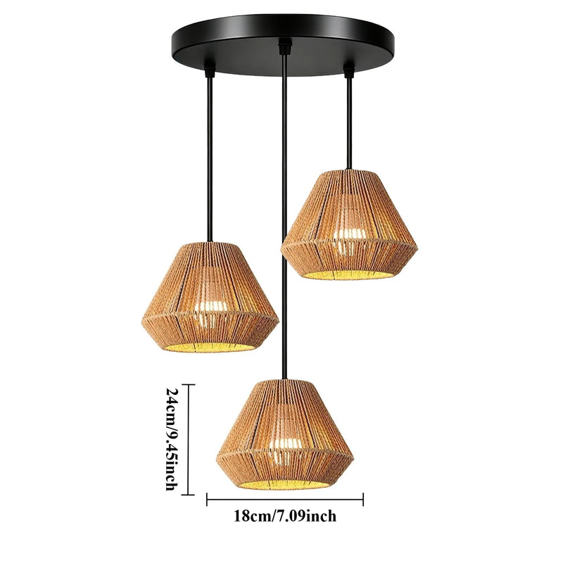 JOYINLED 3-Lights Handmade Pendant Lamp Boho Natural Rattan Ceiling Hanging Light Fixture Living Room Home Decor LED Chandelier