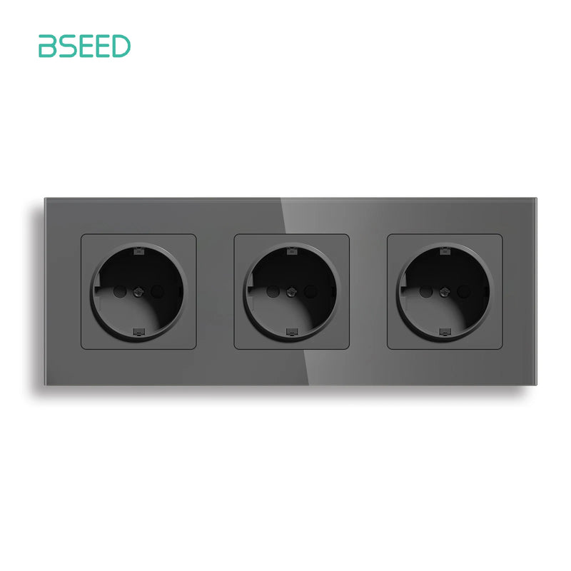 BSEED EU Power Socket Electrical Outlets Triple Power Plugs Crystal Glass Panel 16A European Standard Wall Socket 86*86mm