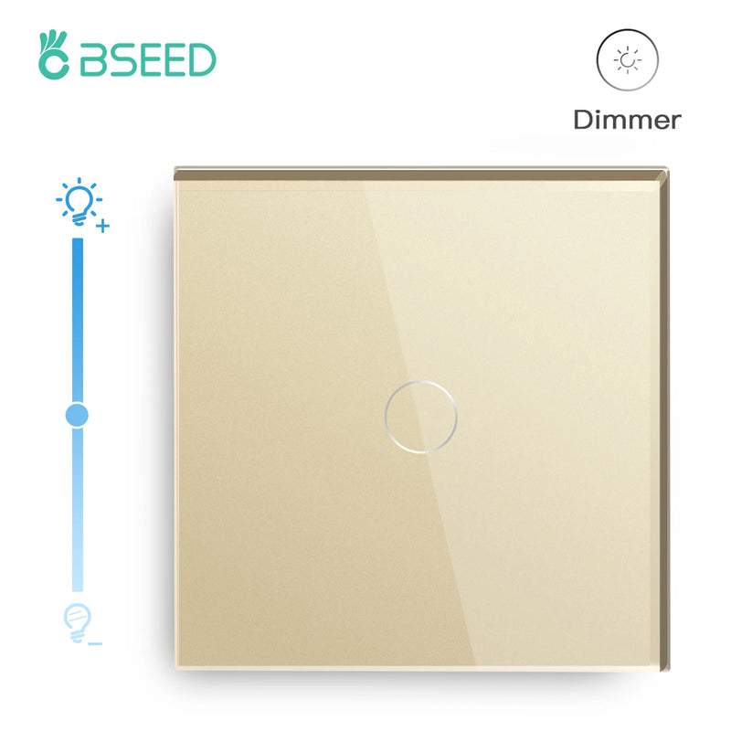 BSEED Dimmer Light Switch 1Gang 1Way Led Dimmer 220V Wall Touch Light Switch Crystal Glass Panel Blue Backlight Memory Function
