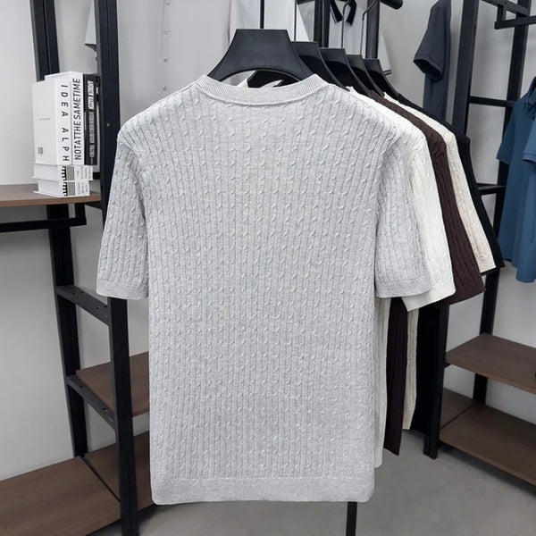 Men's Summer Short Sleeve Knitted Sweater | Linen Blend Crew Neck | Lightweight Breathable Jacquard T-shirt