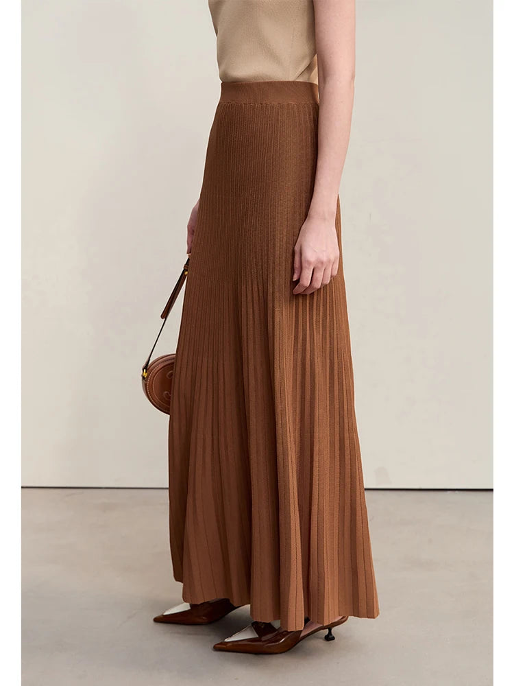 Amii Minimalism 2026 Women Skirts Autumn New Organ Pleated Elastic Waist Knit Pleated Basics Skirt A Line Long Skirt 12423068