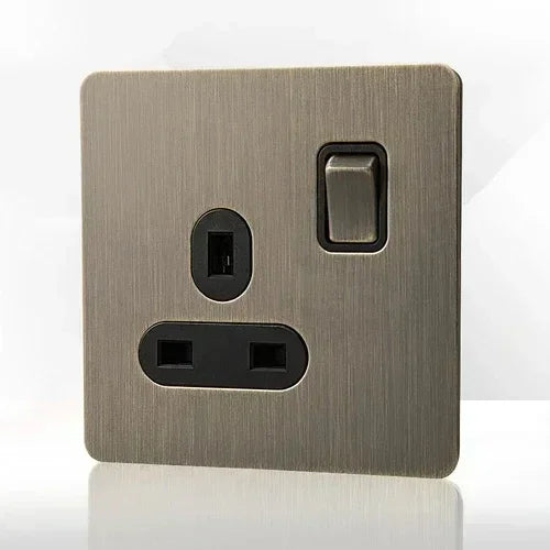 Retro EU FR Metal Panel Wall Toggle Light Switch Socket plug,Bronzed Antique Stainless Steel German 16A Socket with USB Charging