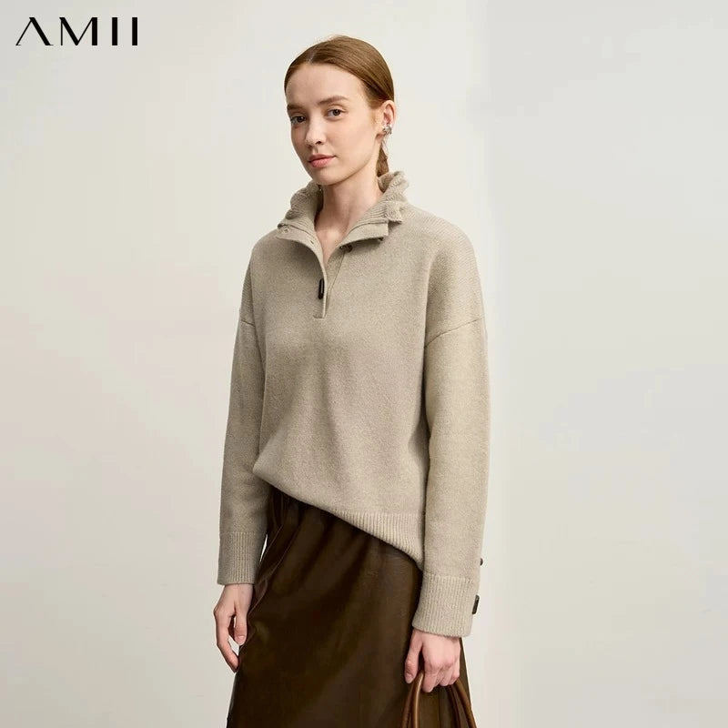 Amii Pullover Sweater 2026 Winter New Commuter Turtleneck Half-cardigan Versatile Top Women Loose Long Sleeve Knitwear 12544144