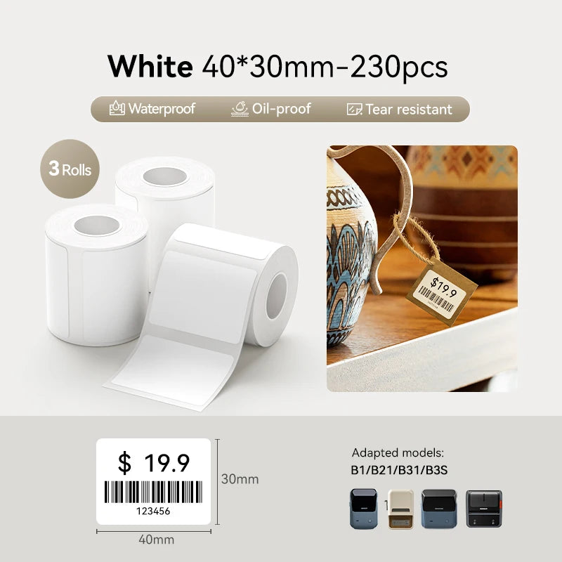3 Rolls Niimbot Thermal Label Sticker for B1/B21/B3S/B31Barcode Sticker White/Color/Transparent Self-adhesive Paper 20-50mm