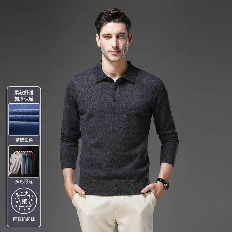 Men's Lapel Solid Color Woolen Sweater, Autumn & Winter New Stretch Top, Daily Leisure Pullover Knitwear, Business POLO