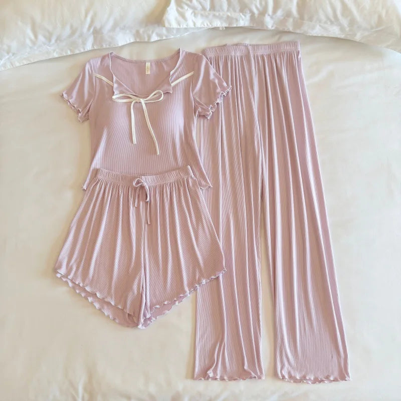 Casual 3 Piece Chest Pad Homewear Women's Summer Pajamas Short Sleeve Sleepwear Loungewear Set Solid Color Home Suit Pijama