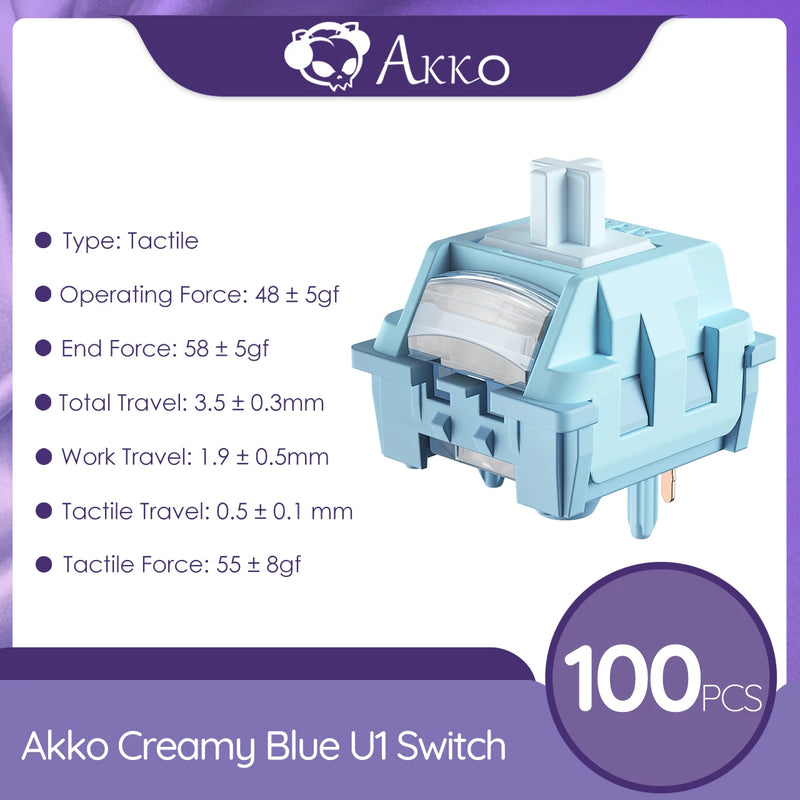 Akko Creamy Blue U1 48gf Tactile Switch Factory-lubed Light 5Pins Hot-swappable MX Switch Mechanical Keyboard Accessories 100pcs