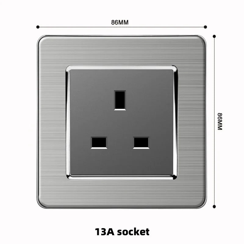 Grey Stainless Steel Metal Uk 13A Wall 220V Light Switch with Electrical Socket, Smart Type-c Fast Charging Wall USB C Socket