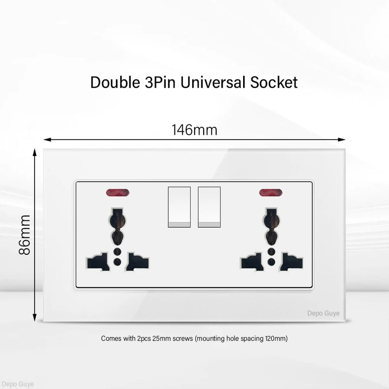 UK Standard 18W Type-C Fast Charging Universal Dual 3pin Power Outlet,White Tempered glass Wall light Switch Panel  For Home