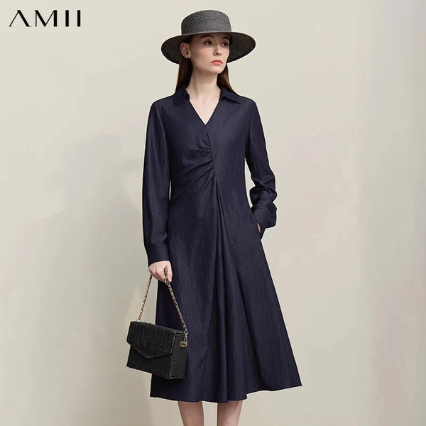 Amii Women's Dresses 2026 Autumn New Holiday Style V-neck Lapel Asymmetrical Pleated Dress Slim A-Line Female Dress 12641049