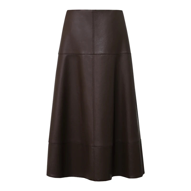 Amii Women's Faux Leather A-Line Midi Skirt Loose Pockets Slim High Waist Business Casual Vintage Skirts Woman Clothes 12643031