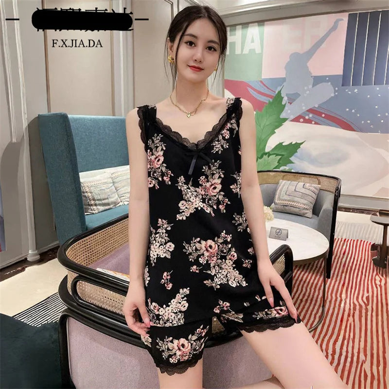 XL-6XL Sweet Thin Sleeveless Tops Shorts Set V Neck Sleepwear Women Plus Size Rayon Nightwear Pajamas Female Loungewear Suit